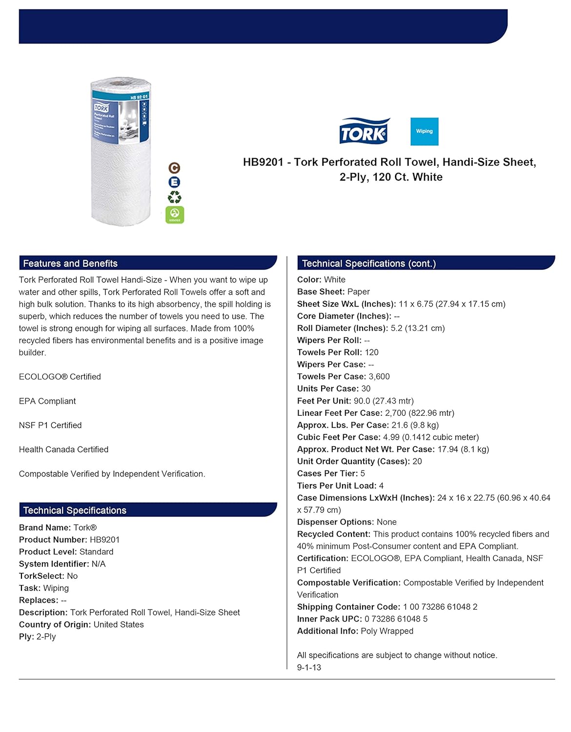 Tork HB9201 Handi-Size Perforated Paper Roll Towel, 2-Ply, 11" Width x 6.75" Length, White (Case of 30 Rolls, 120 Per Roll, 3,600 Towels): Industrial & Scientific