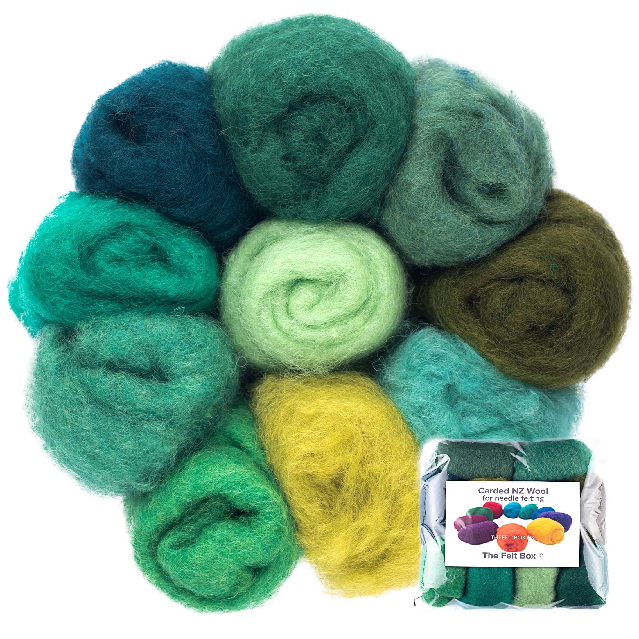 The Felt Box Needle Felting Wool – 10 Green Shades Pack (100g Total) – Carded Batting with Coarse Short Fibres – Ideal for Nature Scenes, Animals, Forest Crafts & Sculpting