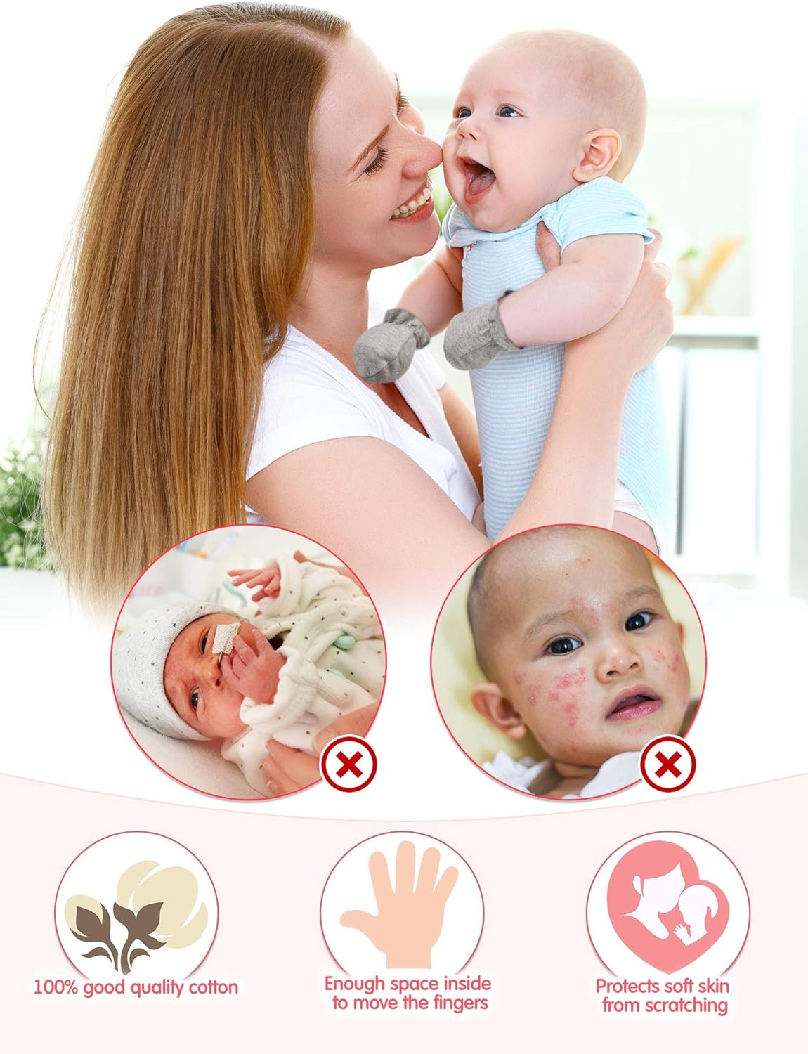 6 Pairs Newborn Baby No Scratch Cotton Gloves Mittens for 0-6 Months (White, Gray, Pink): Clothing