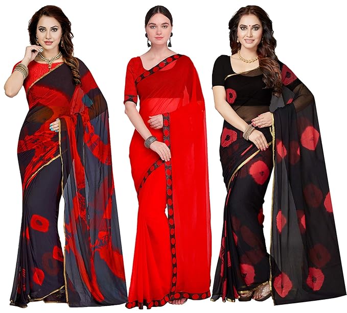 Combo of 3 Poly Georgette Multicolor Printed Womens Saree