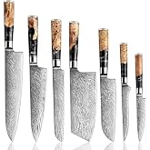 SENKEN 7-Piece Damascus Kitchen Knife Set - Tsunami Collection - 67-Layer Japanese VG10 Steel - Chef's Knife, Cleaver, Santoku, Bread, Boning, &amp; More (Black Resin Blend)