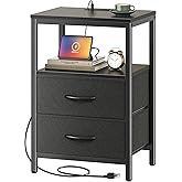 Huuger Nightstand with Charging Station, Side Table with 2 Fabric Drawers, End Table with Open Shelf, Bedside Table with USB-C Port and Outlets, Night Stand for Bedroom, Black