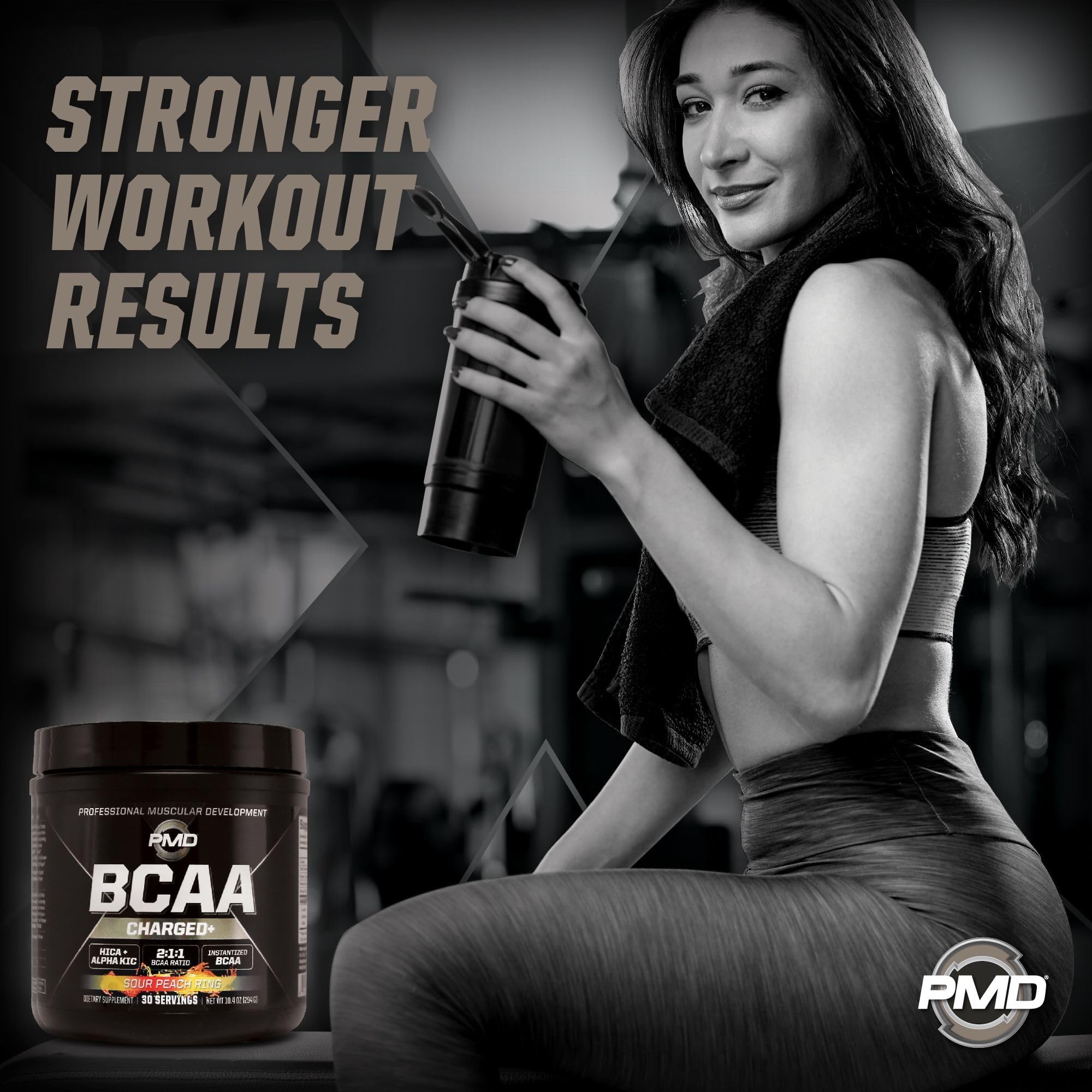 PMD Sports BCAA Charged Delicious Amino Acid Drink Mix for Performance and Recovery - Increase Muscle Function for Workout and Daily Energy - Sour Peach Ring (30 Servings)