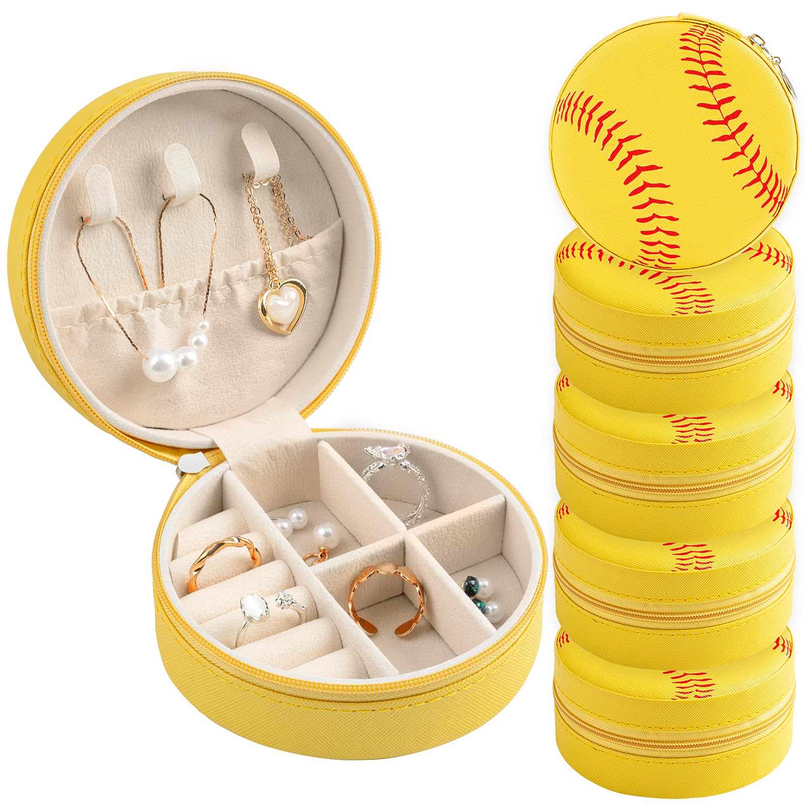 Photo 1 of *ONLY 5* 6 Pack Softball Mini Travel Jewelry Case Softball Stuff Portable Round Jewelry Organizer Storage Case for Christmas Graduation Sports Team Club Birthday Goodie Favors Gifts (Softball)