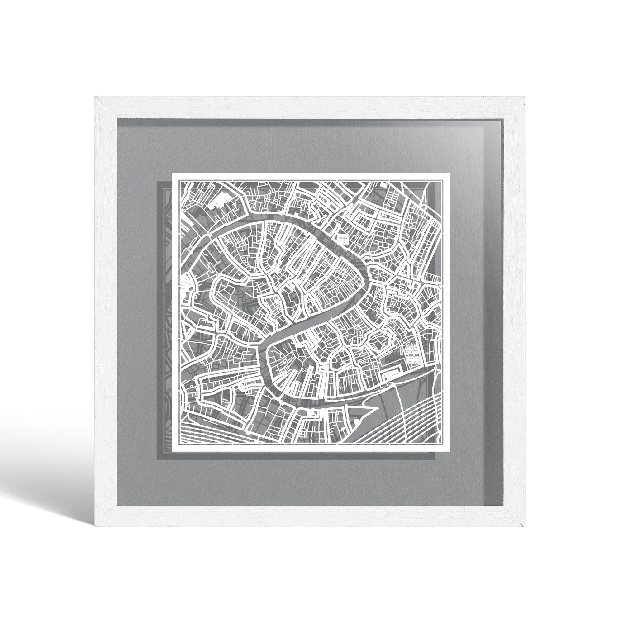 O3 DESIGN STUDIO Venice Paper Cut Map framed, White map, White frame, 9x9 inches, Gift Boxed, 4 background color, self-changing, Paper Art
