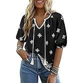 Vivilli Womens Summer Boho Tops Casual V Neck Short Sleeve Blouses Floral Print Shirt Tie Front Flowy Vacation Clothes