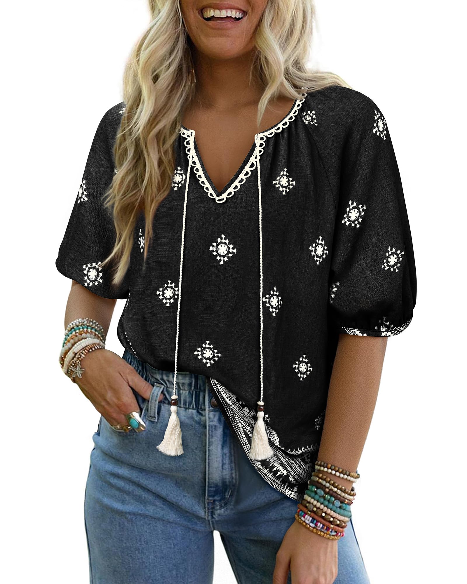 Photo 1 of ***RUNS BIG**** Vivilli Beach Vacation Clothes for Women, Summer Tops Women's Cute 2025 Spring Fringe Bow Tie Front V Neck Flowy Short Sleeve Blouses Fashion Casual Hawaiian Shirts Loose Fit Floral Tops Black 2XL
