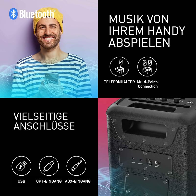 SC-BMAX10E-K Tragbarer Party-Lautsprecher mit Bluetooth, integrierter Beleuchtung, 150 W, USB, optischem Eingang für TV, Gitarren- & Mikrofoneingängen für Karaoke, Schwarz