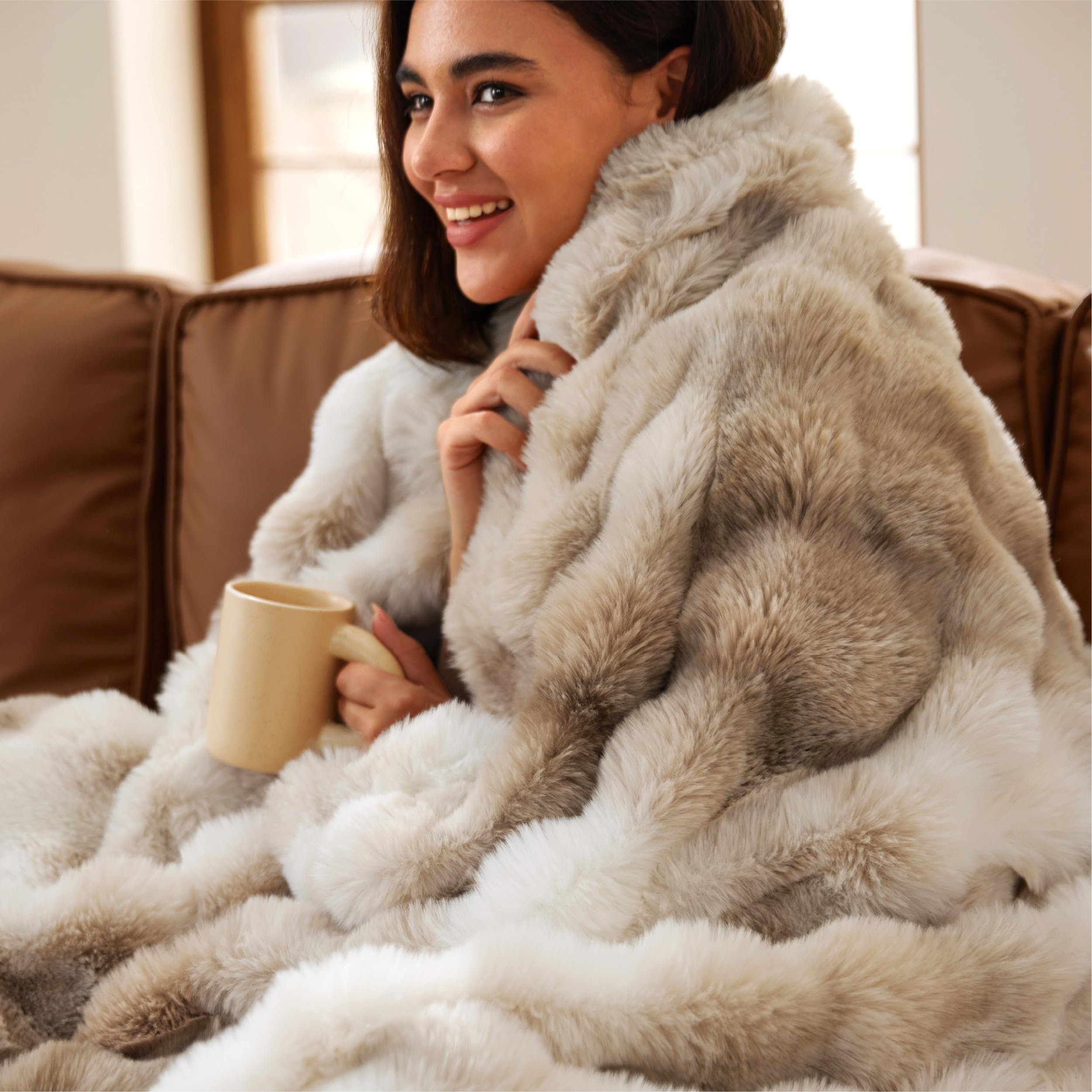 Bedsure GentleSoft Fluffy Fuzzy Throw Blanket, Soft Cozy Fleece Faux Fur Blanket for Couch, Room Taupe Decor Minky Velvet Bed Cover, Thick Warm Plush Women Mom Birthday Gifts, 870GSM, Tie-dye Taupe Image