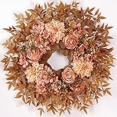 26" Fall Wreath for Front Door - Large Artificial Dahlia Flowers Fake Rose Faux Maple Leaves Outdoor Wreath for Porch, Window,Farmhouse,Home,Thanksgiving Day Harvest Festival Autumn Decor