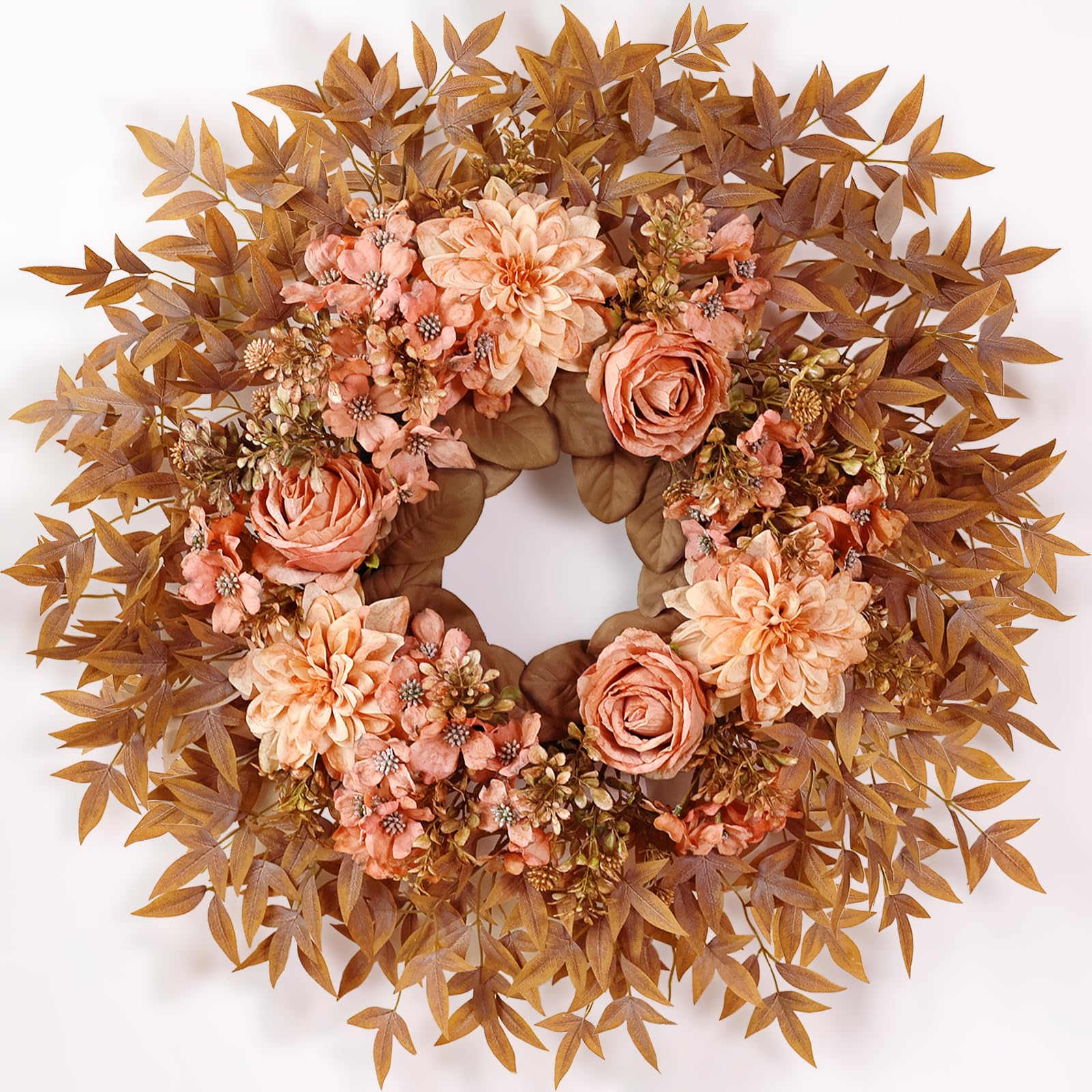 Photo 1 of 26" Fall Wreath for Front Door - Large Artificial Dahlia Flowers Fake Rose Faux Maple Leaves Outdoor Wreath for Porch, Window,Farmhouse,Home,Thanksgiving Day Harvest Festival Autumn Decor