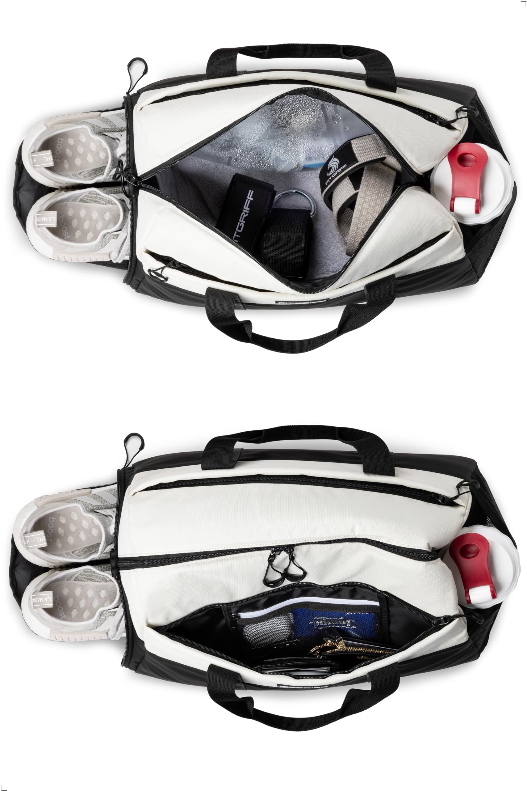 Fitgriff® Sporttasche & Reisetasche V2 für Damen und Herren - mit Schuhfach & Nassfach - Tasche für Sport, Fitness, Reisen - Trainingstasche, Gym Bag, (Black/Creme White, Small) 5