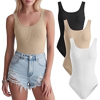JoyMotion 3 Pack Women's Tank Tops Bodysuits Ribbed Cotton Sleeveless Slim Fit Scoop Neck Shirts Thong Yoga Summer Going out