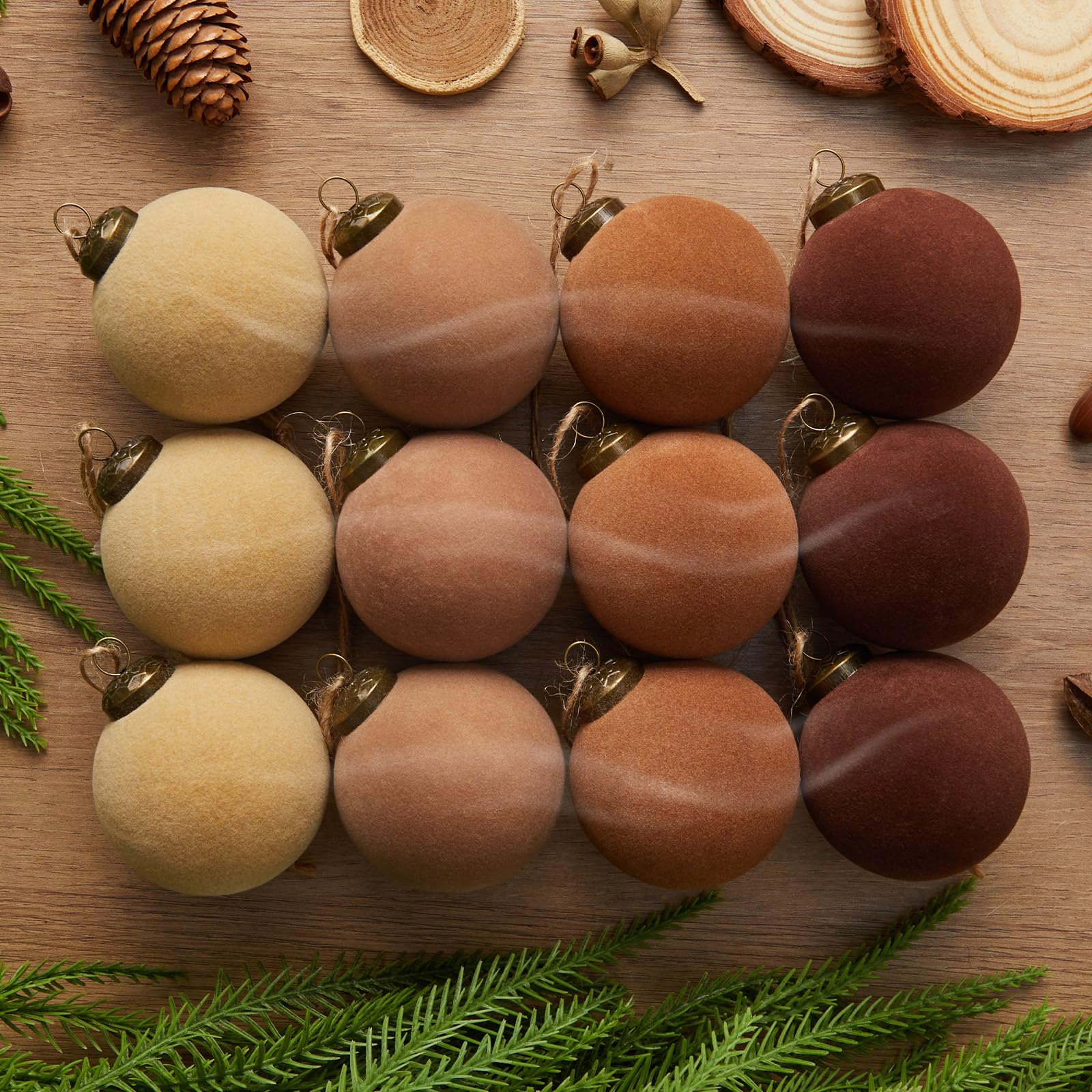 Photo 1 of 12PCS Light Scented Velvet Christmas Balls Ornament Shatterproof Velvet Xmas Tree Baubles Hanging Pendant for Winter Party Holiday Home Gift Office Yard Decor(Gradient Brown,2.36'')