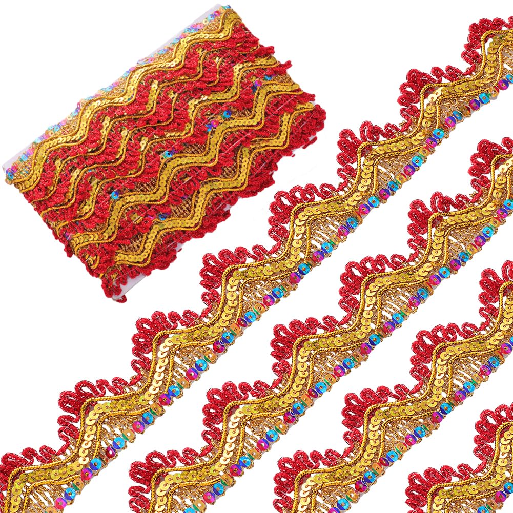 GORGECRAFT 9.3Yds 35mm Red Beaded Paillette Sewing Lace Trim Gold Fringe Tassel Trim Metallic Fabric Ribbon Wavy Glitter Mesh Embroidery Gimp Trim Braided Sequins Edging Trimming for DIY Crafts Cloth
