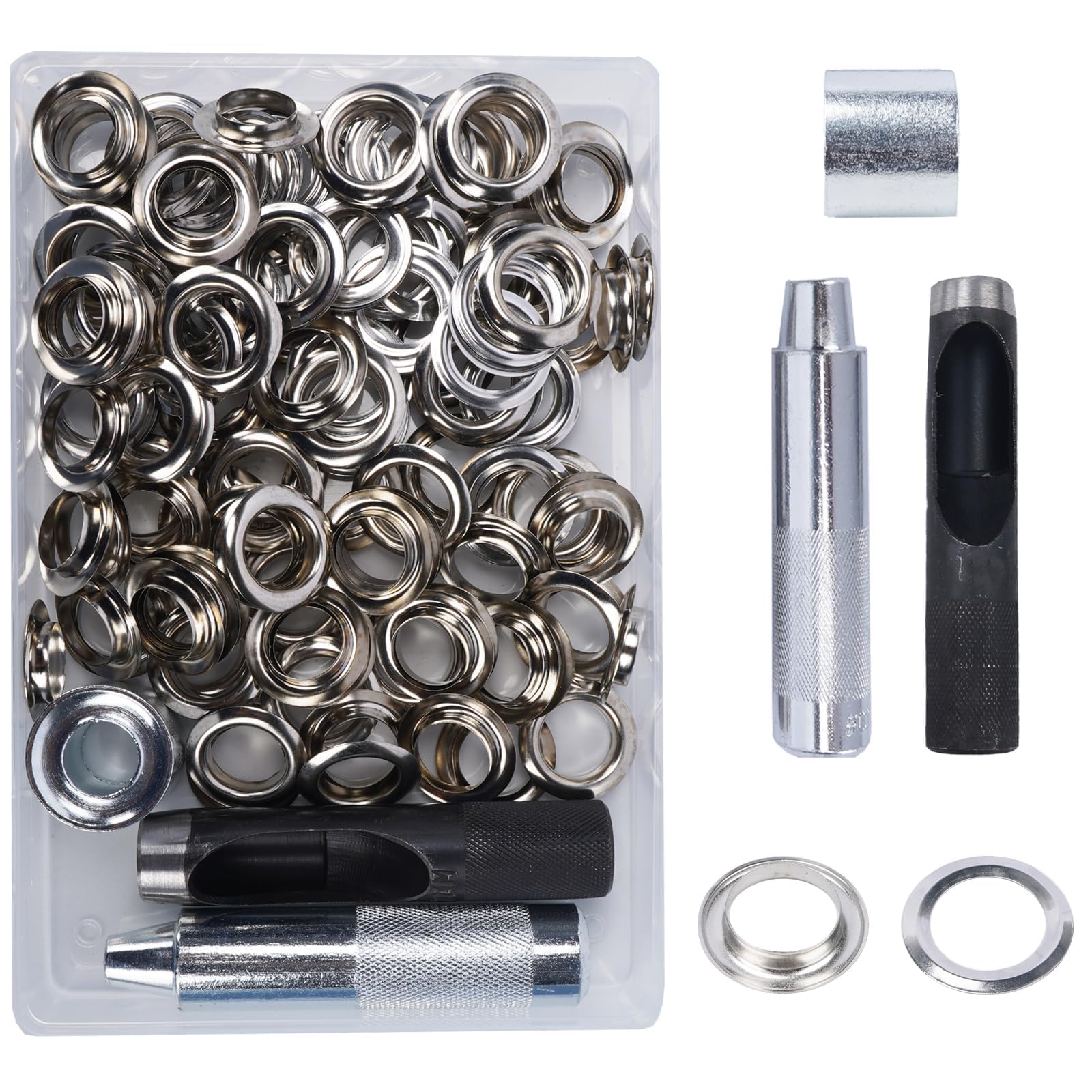 Luabue 100Sets 17mm Eyelet Punch Kit Silver Metal Eyelets Grommet Punch Kit, Tarpaulin Repair Kit 0.66in Grommets Eyelets for Fabric Leather Craft Tarpaulin Curtains DIY and Decoration — image 1