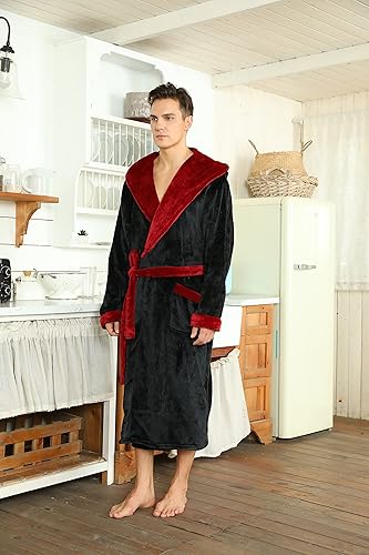 Black Plush Robe With Hood U2SKIIN Mens Fleece Hooded Robe
