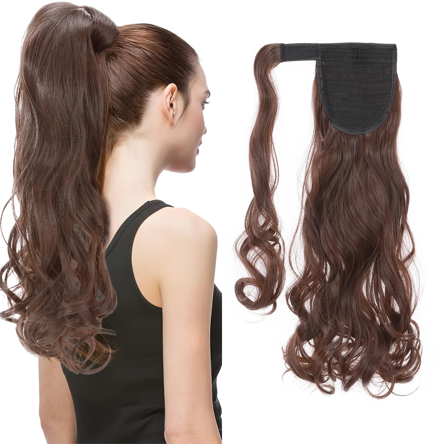 Ponytail Extension Wrap Around Long Straight Curly Clip in Ponytail Hair Extensions for Women Brown Black Blonde Hairpiece 17"-Curly, Medium Brown
