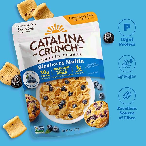 CATALINA CRUNCH PROTEIN CEREAL – BREAKFAST CEREAL WITH 10G OF PROTEIN, NO ADDED SUGAR – GLUTEN FREE – BLUEBERRY MUFFIN – 8 OZ. BAG (PACK OF 1)