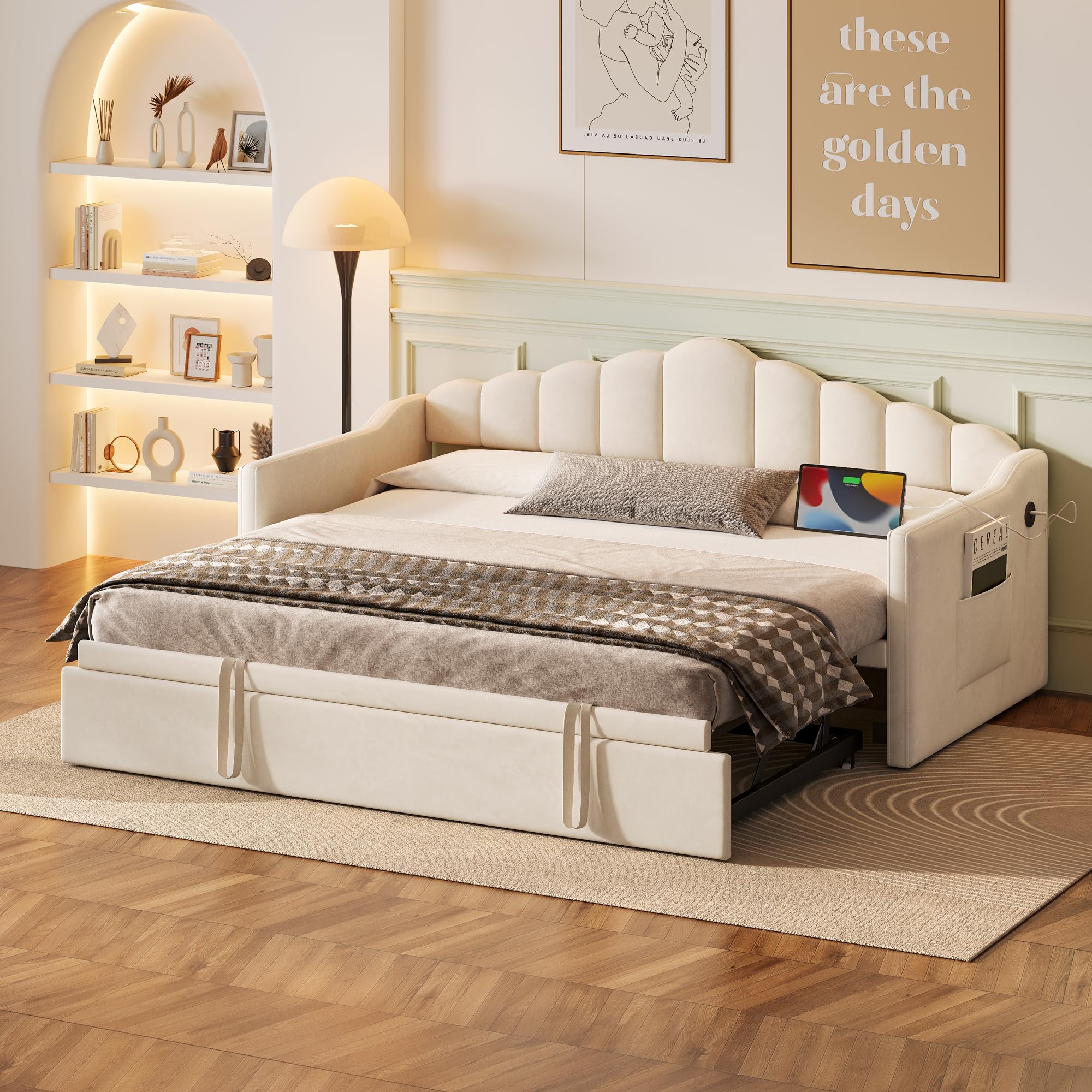 Photo 1 of Merax Velvet Upholstered Twin Size Daybed with Adjustable Height Pop Up Trundle, Convertible Twin to King, Wood Iron Bed Frame with Charging Port and 2 Side Pockets, No Box-Spring Needed (Beige)