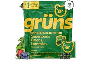 GRÜNS Gruns Adults Super Greens Gummies, Multivitamin Superfood Gummy Bears, Spirulina, Chlorella, Prebiotics & Fiber Gummies for Digestive Health, Adaptogens Supplement, 20 Vitamins & Minerals, 10 Count