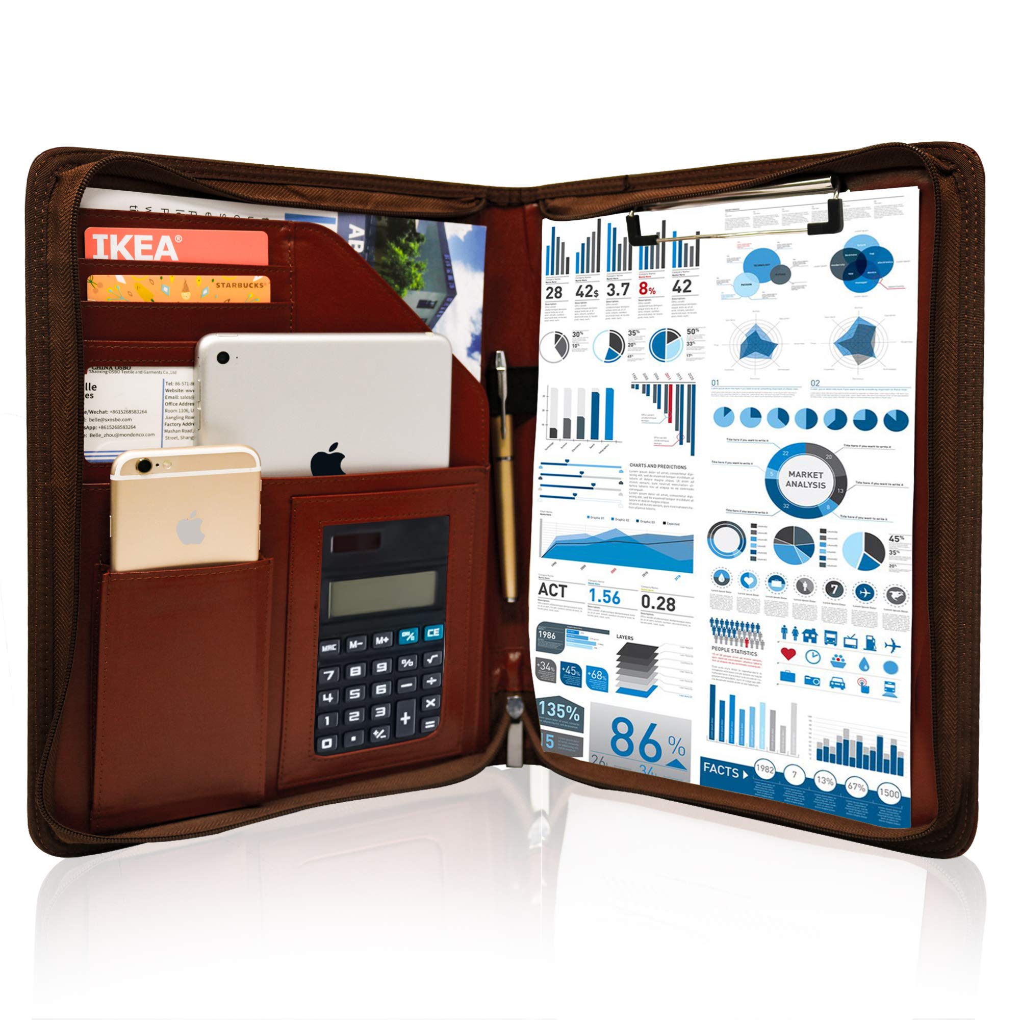 GraduatePro A4 Clipboard Folder Leather Zipped Portfolio Conference Presenter Document with Tablet Business Waterproof Organizer Sleeves Brown