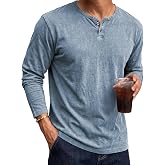 JMIERR Mens Long Sleeve Wash Cotton Henley Shirts | 100% Cotton Lightweight Fitted T-shirts, Vintage Garment Dyed look, Button Placket, Spring Fall Layering, Machine Washable