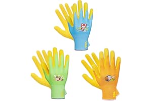 JDL 3 Pairs Kids Gardening Gloves for Age 3-5 Children Grippy Rubber Coated Garden Work Gloves for Toddlers, Yellow & Blue & Green,XXXS