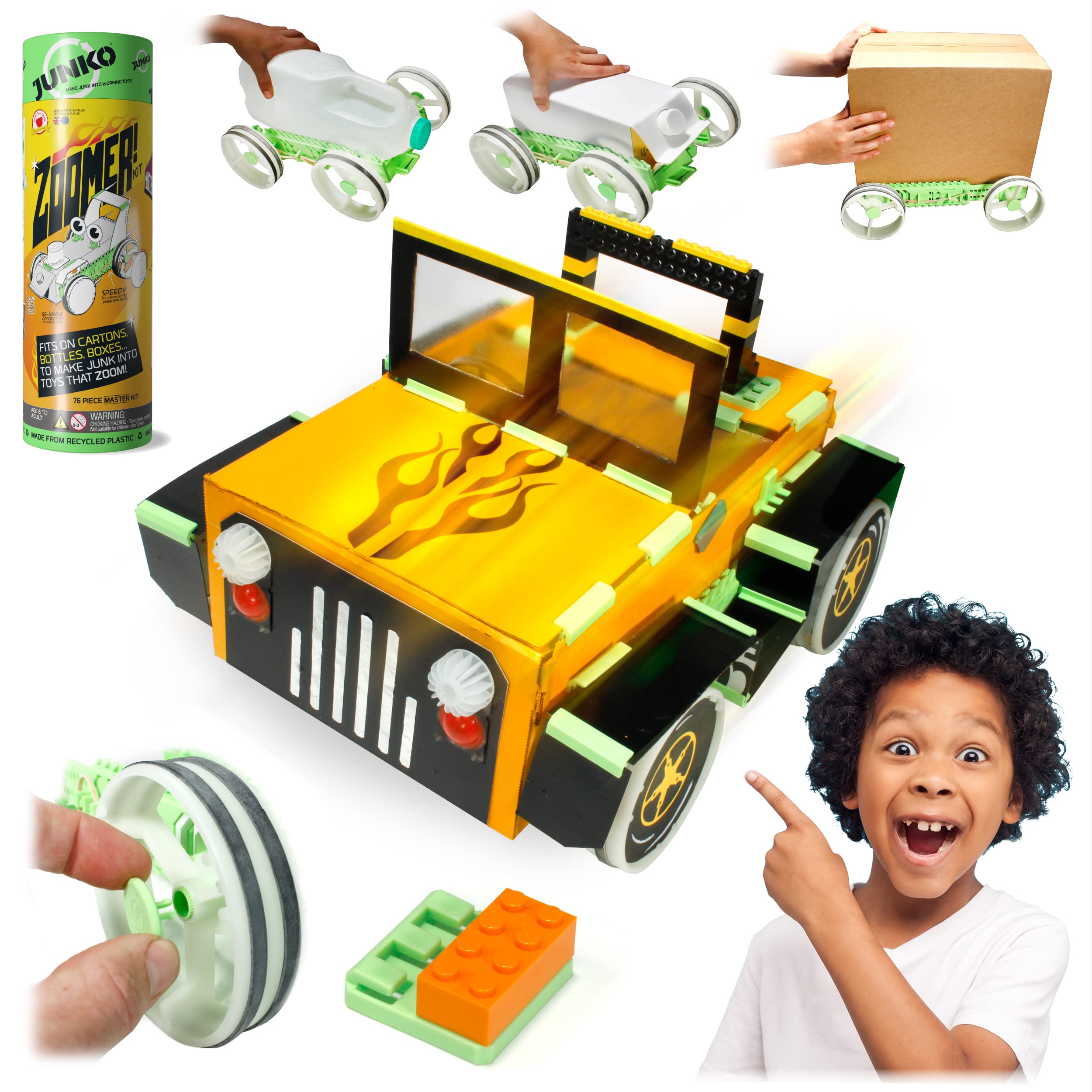 JUNKO Zoomer Toy Car Kit - Transform Boxes, Bottles, Juice cartons... into Toy Cars. Made from Recycled Plastic. Endlessly Reusable Art, Craft & Build Kit