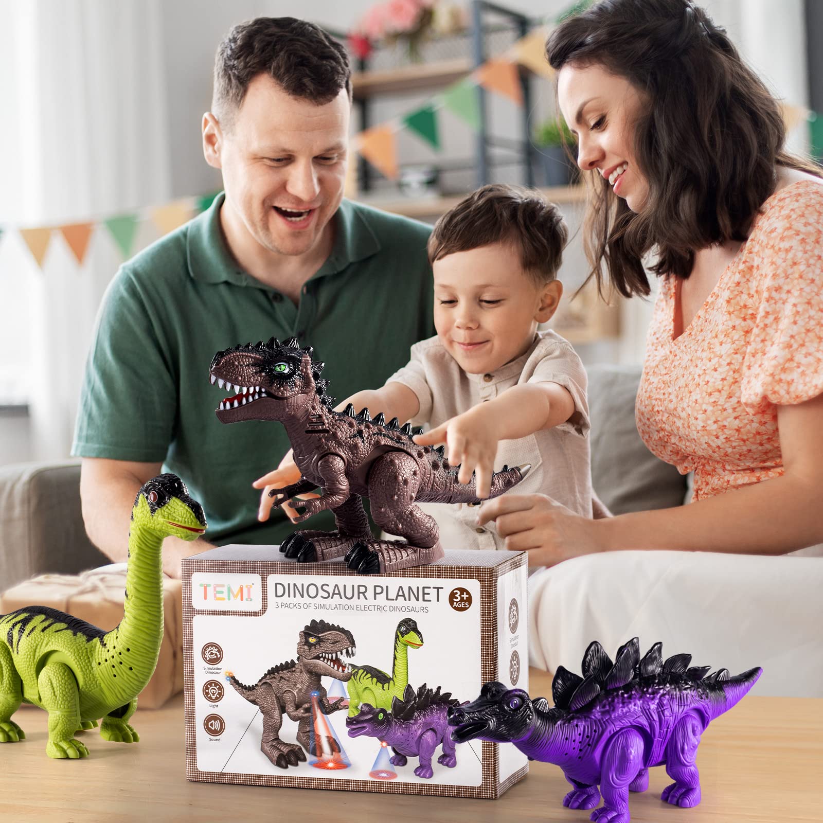 TEMI 3 Pack Electrical Walking Dinosaur Toys for Toddlers 3-4 3-5 Years with Sound and Light Up, Toddler Robot Dinosaur, Brachiosaurus, Stegosaurus Dinosaur Figures for Kids