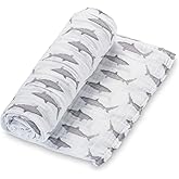 LollyBanks Muslin Swaddle Blanket, 100% Muslin Cotton Baby Blankets for Boys, 47 X 47 Inches Breathable and Soft Newborn Swaddle, Receiving Blanket for Baby, Newborn Essentials, Registry (Shark Print)