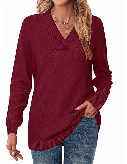 Zeagoo Sweaters for Women Trendy 2025 Fall Long Sleeve Dressy Casual Off Shoulder Pullover Tunic Tops Wine Red L