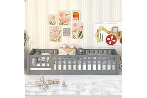 Bellemave Twin Size Floor Bed with Door and Fence for Kids, Montessori Floor Bed with Slats and Safety Guardrails,Solid Wood Twin Bed Frame for Girls Boys(Twin,Gray)