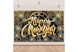 Retyshia Gold Happy New Year Banner Backdrop Gold Clock Fireworks 2026 Happy New Year Decorations Sparkling Backdrop for NYE Party 2026 Countdown Decor 5.9×3.6 Ft (Polyester)