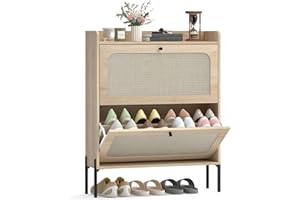 HOMCOM Shoe Storage Cabinet with 2 Flip Drawers, Narrow Shoe Rack with Adjustable Shelves, Rattan Accent, Boho Storage Organi