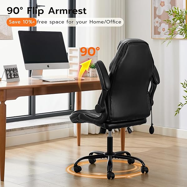 OFFICE DESK CHAIR, ERGONOMIC COMPUTER CHAIR WITH PADDED FLIP-UP ARMS AND ADJUSTABLE LUMBAR SUPPORT, PU LEATHER EXECUTIVE CHAIR WITH TILT LOCK AND 360° SWIVEL ROLLING WHEELS FOR WORK, STUDY