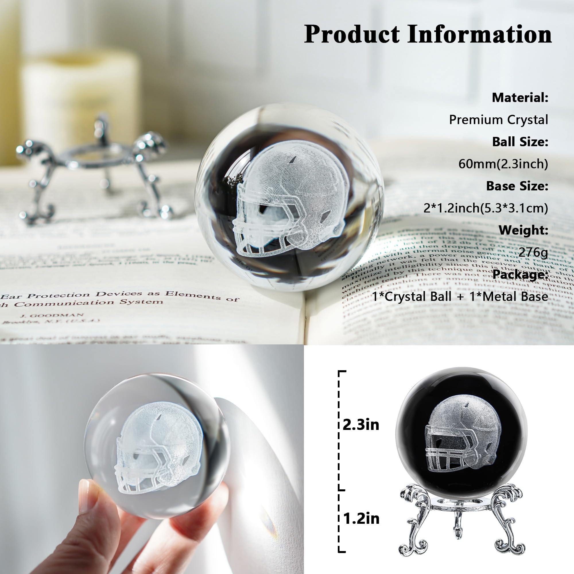 HDCRYSTALGIFTS 3D Laser Engraved Crystal Ball Paperweight with Silver-Plated Flowering Stand Handmade Decorative Ball Glass Full Sphere Home Decor Gift (2.36inch,Rugby Helmet)