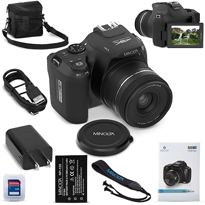 Minolta 64MP Digital Camera – 10x Optical Zoom, 4K Ultra HD Video, Macro Shooting, Anti-Shake, 3-inch LCD Screen, Face Detection – Includes 32GB SD Card, Battery & Case (Black)