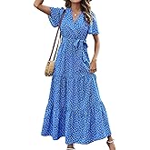 MASCOMODA Womens Summer Swiss Dot Maxi Dressses Wrap V Neck Flutter Short Sleeve Boho Casual Flowy Long Wedding Guest Dress