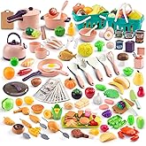 240Pcs Kids Mini Play Kitchen Accessories, Play Pans, Pots, Cookware with Desserts, Cuttable Veggies & BBQ Set & Storage Basket, Prop Money, Learning Gift for Child,Toddlers, Child, Pink