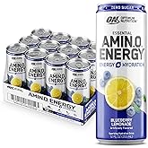 Optimum Nutrition Amino Energy Sparkling Hydration Drink, Electrolytes, Caffeine, Amino Acids, BCAAs, Sugar Free, Blueberry Lemonade, 12 Fl Oz, 12 Pack (Packaging May Vary)