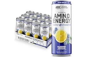 Optimum Nutrition Amino Energy Sparkling Hydration Drink, Electrolytes, Caffeine, Amino Acids, BCAAs, Sugar Free, Blueberry Lemonade, 12 Fl Oz, 12 Pack (Packaging May Vary)