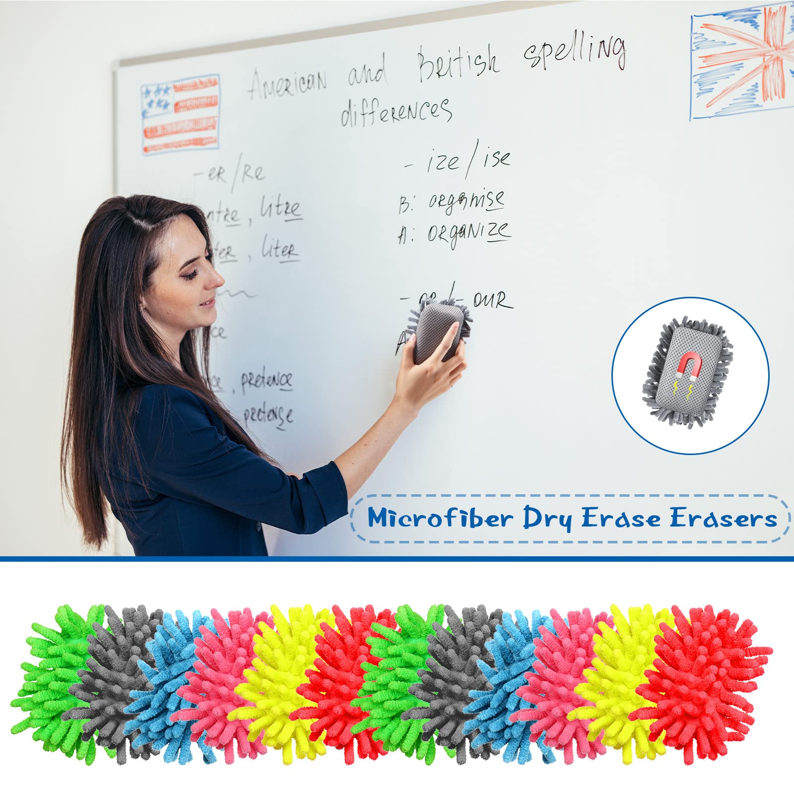 Epakh 12 Pieces Dry Erase Erasers Magnetic Board Eraser Washable Microfiber Shag Whiteboard Eraser for Chalk, Markers, Home, Classroom and Office(Grey, Neon Green, Neon Yellow, Red, Pink, Blue)