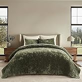 EVERGRACE Velvet Quilt Set Queen Size, Luxurious Soft Striped Channel Bedding Set, Lightweight Velvet Comforter for All Season, Quilted Bedspread Coverlet with 2 Matching Shams, Olive Green