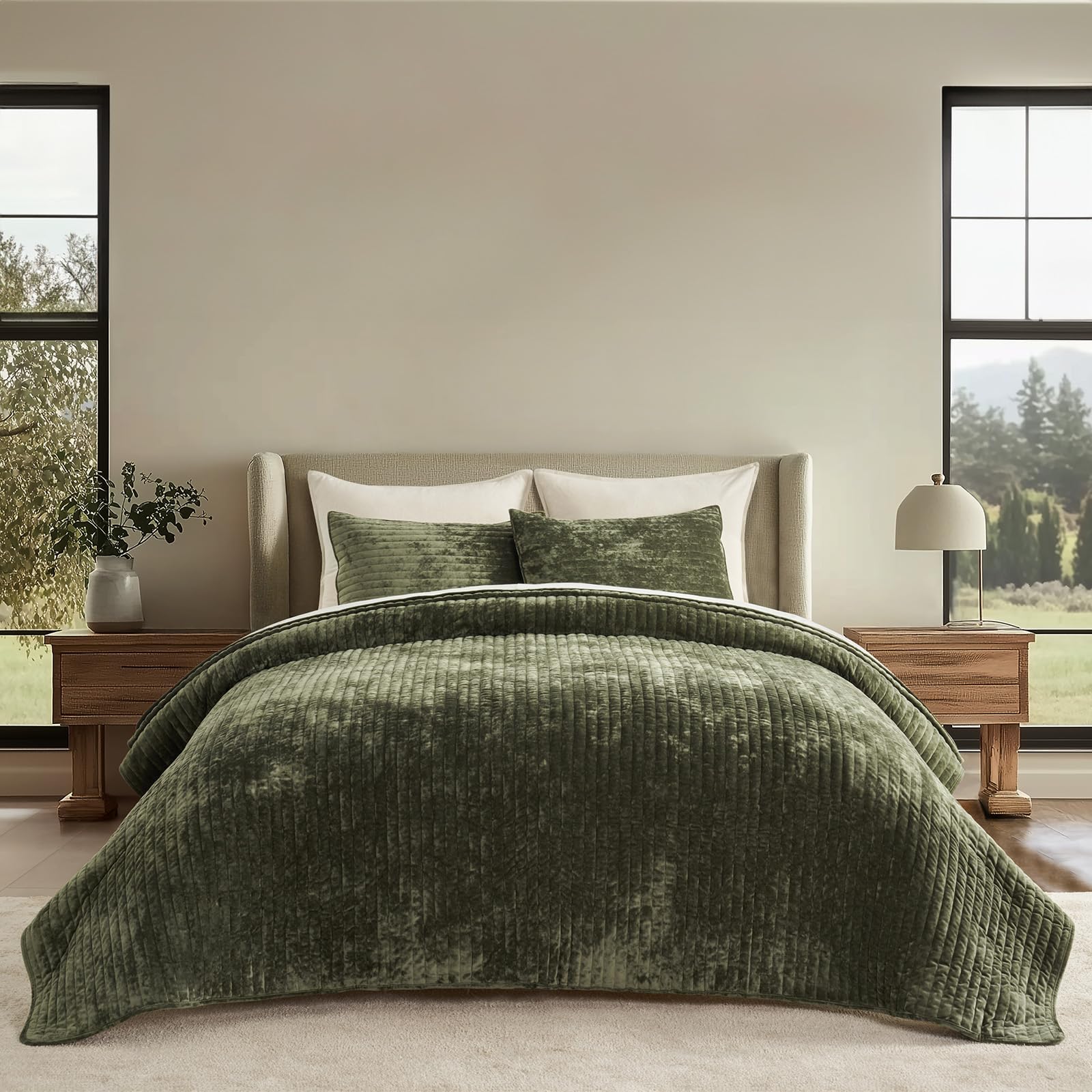 Photo 1 of EVERGRACE Velvet Quilt Set Queen Size, Luxurious Soft Striped Channel Bedding Set, Lightweight Velvet Comforter for All Season, Quilted Bedspread Coverlet with 2 Matching Shams, Olive Green