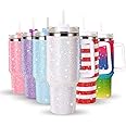 40OZ Bling Tumbler With Handle Studded Rhinestone Tumbler Glitter Cups with Lid Stainless Steel Vacuum Thermal with Straw for Ice Cold or Warm Drinking for Women Cup (White Shiny)