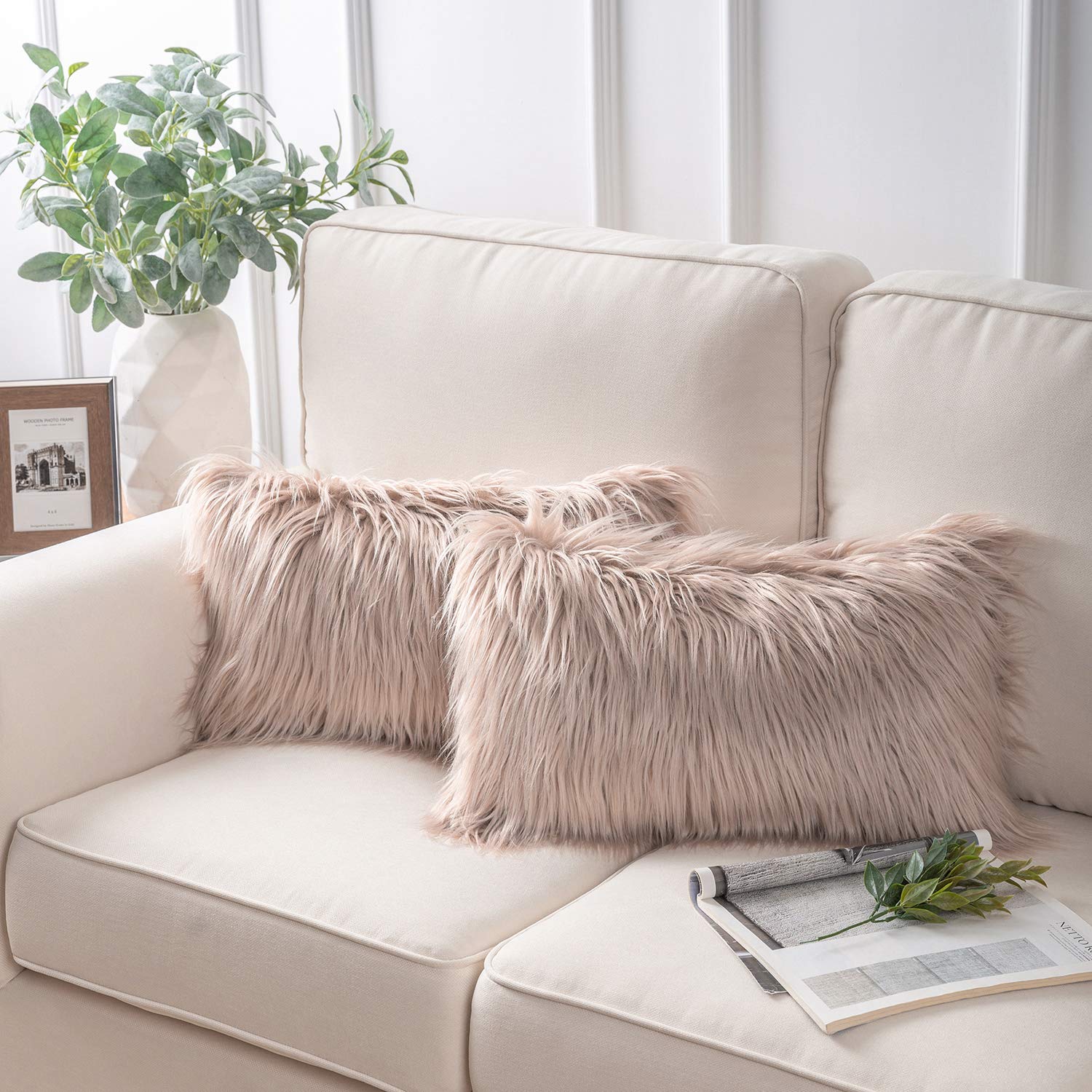 Phantoscope Pack of 2 Faux Fur Throw Pillow Covers Cushion Covers Luxury Soft Decorative Pillowcase Fuzzy Pillow Covers for Bed/Couch,Beige 12 x 20 Inches