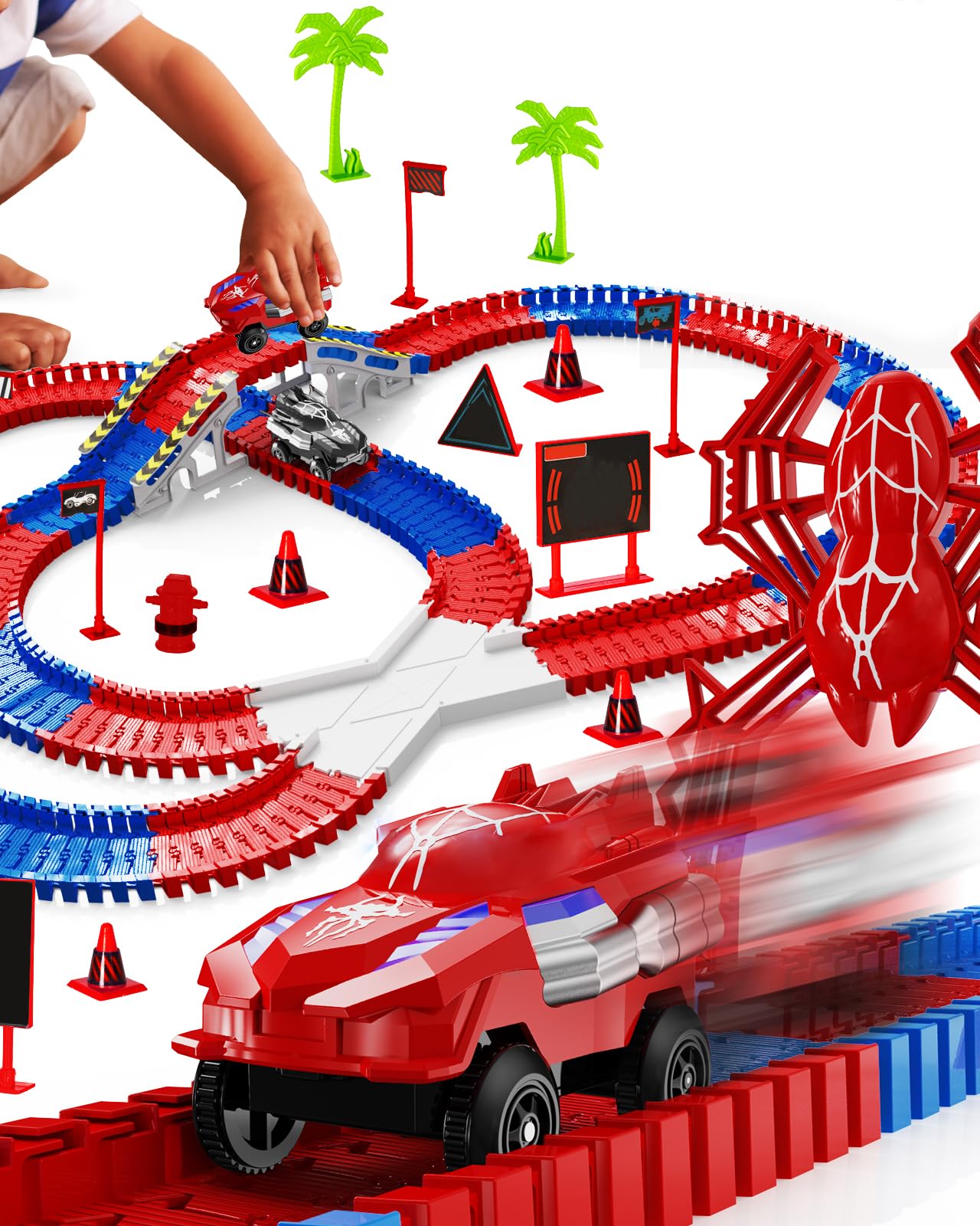 Spider Construction Race Track Set for Kids Ages 3-9, STEM Building Car Track Toys with Superhero Cars, Creative Track Toy Gift for Boys & Girls Age 3 4 5 6 7, Outdoor Indoor Toddler Toy Gift Set