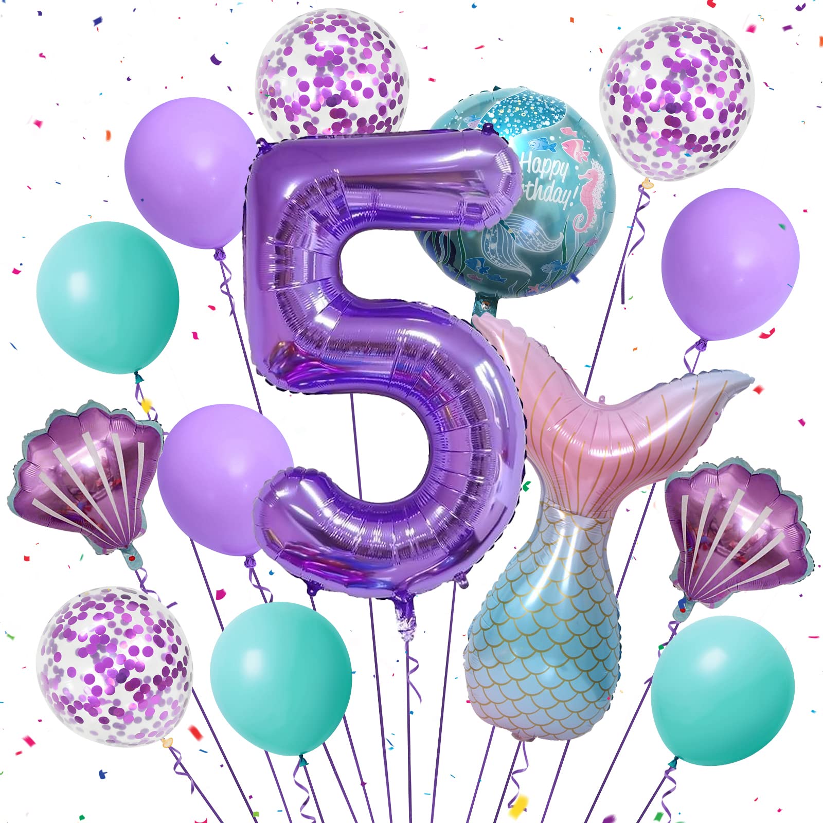 Mermaid Balloons Tail Party Decorations, Mermaid Balloon 40 Inch Number 5 Foil Balloon purple 18" Foil Balloons Set, for Girls 5th Birthday Decorations Party Supplies