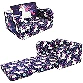 MeMoreCool Kids Folding Couch – Purple Unicorn Toddler Chair, Fold-Out 2-in-1 Sofa Bed Comfy Foam Seating, Washable Cover, Armrests & Side Pocket for Playroom or Nursery Ages 1–3
